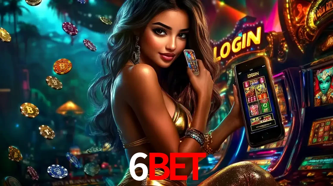 Mulher em um cenário de cassino temático de aventura, mostrando o app de caça-níqueis da 6BET no celular. Fichas de apostas flutuam ao redor.