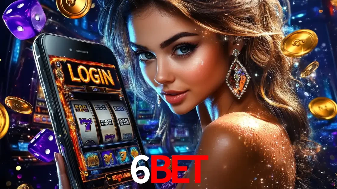 Mulher glamorosa segurando um smartphone com a tela de login para os jogos de caça-níqueis do cassino online 6BET, com moedas de ouro e dados ao redor.