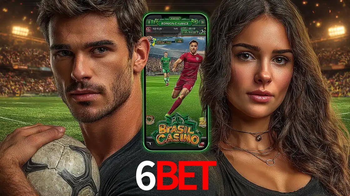 Homem segurando uma bola de futebol e uma mulher ao lado de um smartphone exibindo o jogo de apostas esportivas da 6BET. Faça seu palpite no cassino online.